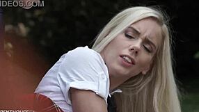 in the outdoors, a hot blonde in miniskirt and heels gets her pussy fucked by nesty