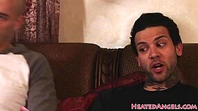 Busty tattooed emo goth beauty rides hard in threesome, getting butt jizzed with piercings shining