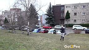 Blonde Enjoys a Messy Piss Outside in Public Czech Scene