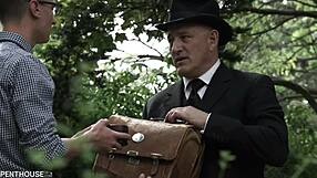 in the outdoors, a hot blonde in miniskirt and heels gets her pussy fucked by nesty