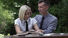 in the outdoors, a hot blonde in miniskirt and heels gets her pussy fucked by nesty