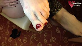 Hot sexy maid shows off her stockings and feet in her masturbation scene