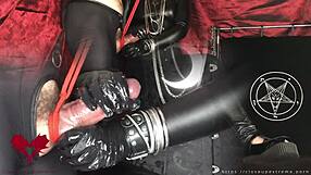 the occult mistress commands a bound handjob in latex gloves for huge cumshot