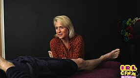 in a cfnm scene, tattooed milf sucks and wanks amateur dick