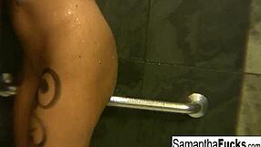 Big boobed blonde Samantha strips her clothes off and lets the cameraman squeeze her breasts before providing her with a cock to suck and getting her cum soaked pussy pummeled
