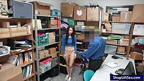 Petite brunette shoplifter gets caught with big cock