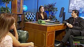 Man with long cock sucks tits and masturbates three girls on sofa with dildo