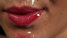 Wild beauty swallows every drop of cumshot covering her face after intense action.
