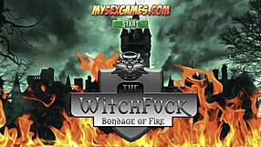 In the game, the witch is bound in bondage and fucked with fire.