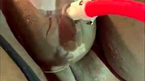 pussy pump causes squirting orgasm with labia spread wide at party