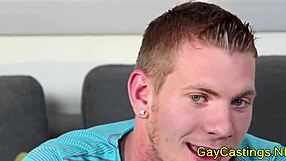 Blue-eyed athletic guy gives blowjob and assfucking in gay casting POV, leading to cumshot