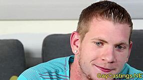 Blue-eyed athletic guy gives blowjob and assfucking in gay casting POV, leading to cumshot