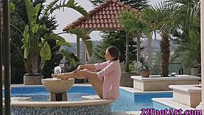 Teen babe gives footjob