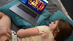 nerd messing with computer while eating sister