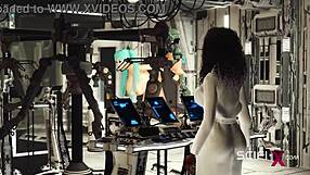 In a spacecraft, a sex android dominates a busty hottie in restraints with anal and doggystyle