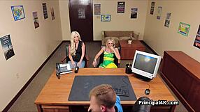 Two Blonde Milfs Get Nailed by Principal in Hardcore Office Threesome Reality