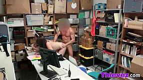 Teen Bent Over for Blowjob and Doggystyle in Shop Threesome