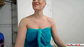 My busty cougar stepmother gives handjob while masturbating in POV