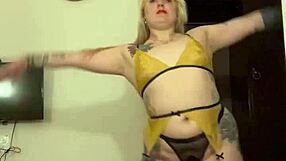 alina modelista flirts in sexy yellow set, blonde tattooed beauty