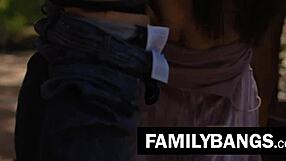 Abbie Maley relieves sexual tension with her cousin Pierce Paris in the park, leading to a facial and upskirt cheating