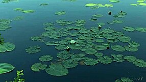 Naked redhead teen plays with a water lily, what seductive secrets does she hide?