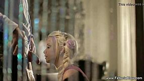 horny milf blonde gives handjob and blowjob to couple before cumshot