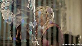 horny milf blonde gives handjob and blowjob to couple before cumshot