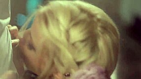 horny milf blonde gives handjob and blowjob to couple before cumshot