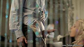 horny milf blonde gives handjob and blowjob to couple before cumshot