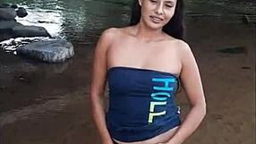 Girl after party pisses in river then offers ass for cum