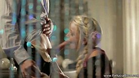 horny milf blonde gives handjob and blowjob to couple before cumshot