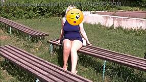 Blonde woman with big tits flashes ass in public park upskirt