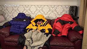 north face baltoro leather sofa fun with four down jackets.