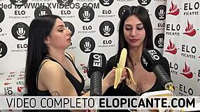 Girls lick banana with cream