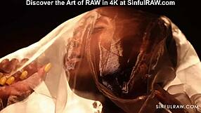 ebony woman in stockings and lingerie masturbates roughly in interracial scene