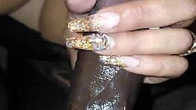 Amateur ebony wife gives sloppy blowjob with handjob on big black cock