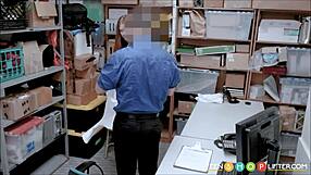 Hot redhead teen shoplifter blackmailed for blowjob and fucking by security