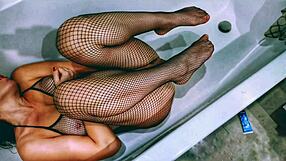 Vintage MILF in Sexy Stockings Rubs Juicy Pussy with Vibrator in Bathroom