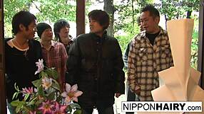 Japanese girl plays with pussy while boys peep