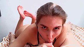 Hot mom gives sloppy blowjob and flaunts her smooth feet in pov