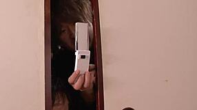 Japanese girl plays with pussy while boys peep