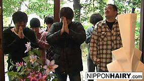 Japanese girl plays with pussy while boys peep