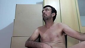 Doing a striptease, ripping off white shirt and open white underwear, huge 25cm cock throbbing and leaking milk