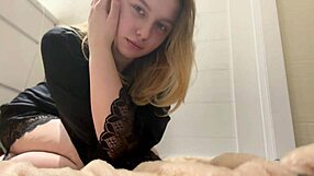 The blonde says, 'Tease you with striptease, then suck this big dildo'