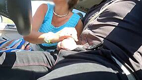 while driving my step cousin wanks my cock for a long time before sucking me when i finally stop she greedily swallows all my cum without losing a drop