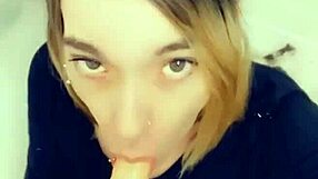 Sexy shemale sucks cock on her knees!