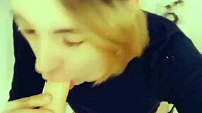 Sexy shemale sucks cock on her knees!