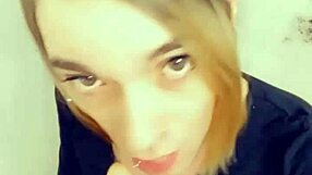 Sexy shemale sucks cock on her knees!