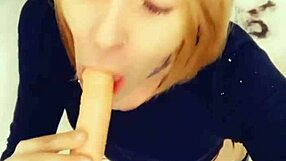 Sexy shemale sucks cock on her knees!