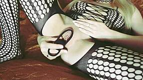 Blonde maid with blue eyes and long hair plays with her pussy using hand and dildo in garage